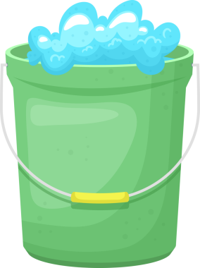 Neşeli bir illüstrasyon tamamen parlak mavi sabun köpükleriyle dolu açık yeşil bir kova tasvir ediyor. Kovanın sarı saplı kıvrımlı bir sapı var ve düz siyah bir arka plana ayarlı..