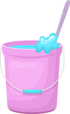 Açık mavi bir sıvı ve içinde mor bir fırça olan pembe bir plastik kova. Kovanın beyaz bir sapı ve ortasında açık mavi bir tutacağı var. Temizlik malzemesi gibi görünüyor..