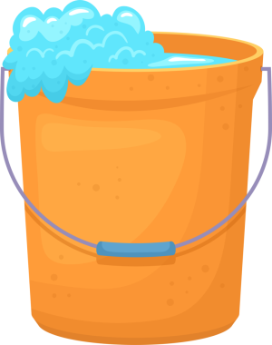 Bu resimde siyah arka planda duran su ve sabunlu baloncuklarla dolu bir temizlik kovası görülüyor. Vektör illüstrasyonu temizliği vurguluyor. Kovanın sapı var..