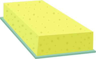 Sarı gözenekli bir sünger siyah arka planda gri dikdörtgen bir tepside oturur. Gözenekli süngerin her tarafında delikler var. Sünger açık sarı renktedir. Çizgi film çizim stili var..