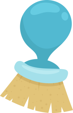 Çizgi film tarzı resimde temizlik fırçası var. Fırçanın açık mavi küresel bir sapı, tabanın etrafında açık mavi bir halka ve açık kahverengi tüyleri vardır. Arkaplan siyah.