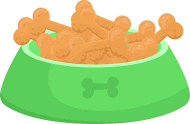 Bir karikatür, siyah bir arkaplana karşı çizim yapıyor. Kemik şekilli köpek maması ile ağzına kadar doldurulmuş yeşil bir evcil hayvan kasesi sergiliyor. Kasenin üzerinde kemik amblemi var..