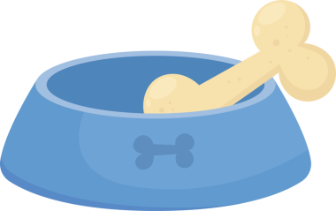 Önünde kemik amblemi olan mavi bir evcil hayvan kasesi içinde bronzlaşmış kemik çerezi içeriyor. Mutlu bir evcil hayvan için yemek zamanı olduğunu gösteriyor. Basit tasarım tedaviyi vurguluyor..