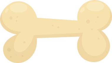 Açık bej bir köpek kemiği, siyah arka planda merkezde yer alır. Çizgi filmdeki kemiğin yuvarlak uçlu ve pürüzsüz bir görüntüsü var. Rengi iyi pişmiş bir pastayla uyumlu..