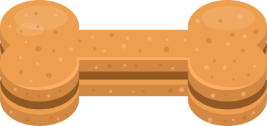 Düz, stilize bir illüstrasyon kemik şeklindeki bir ziyafeti tasvir eder. Daha basit, katmanlı bir orta kesitle birbirine bağlı katmanlı katmanlardan oluşmuş yuvarlak uçlara sahiptir. Şekerin benekli bir görüntüsü var..