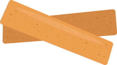 İki dikdörtgen gofret birbiriyle örtüşüyor, siyah bir arkaplan üzerine kurulmuş. Gofretlerin kızarmış bir görünüşü ve benekli bir dokusu var. Hafif ve çıtır çıtır bir atıştırmalık izlenimi veriyor..