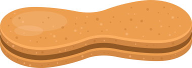 Çizgi filmde stilize edilmiş fıstık şekilli sandviç kurabiyesi yer. Kurabiye koyu kahverengi dolgu tabakasına sahip iki açık kahverengi dış katmandan oluşur. Üst katmanda küçük noktalar var..
