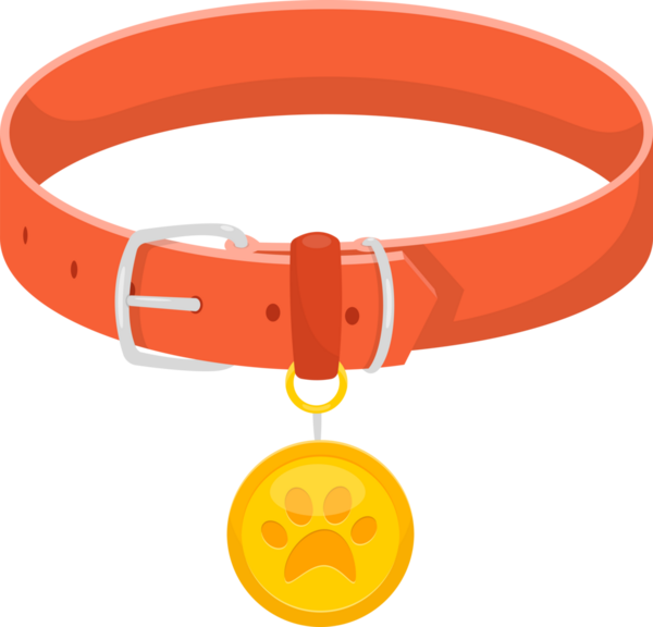 The image shows a vector graphic of an orange dog collar with a silver buckle and orange loop. A gold tag with a paw print hangs from a gold ring attached to the collar.