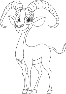 Bu karikatür görüntüsünde büyük, kıvrık boynuzları olan neşeli bir dağ keçisi var. Hayvan basit bir stille tasarlandı ve özeti temiz ve kalın siyah beyaz sunuldu..