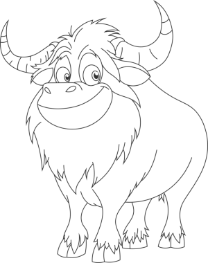 Bu siyah-beyaz çizgi filmde neşeli bir boğa, belirgin bir gülümsemesi ve büyük, kıvrımlı boynuzları var. Boğa dik duruyor, neşeli ve cana yakın bir tavır sergiliyor..
