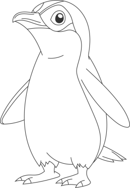 Bu resim bir penguen karikatürü tasviri. Penguenin düzgün bir vücudu ve odaklanmış bir bakışla dik duran kısa yüzgeçleri vardır. Siyah-beyaz çizimi çok basit..