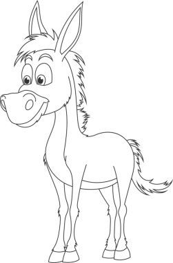 Bu sanat eserinde siyah beyaz bir eşek çizimi var. Eşeğin nazik, çizgi film karakteri gibi bir yüzü var ve rahat bir duruşla dik duruyor. Bu çizimin çizgi film tarzı bir görüntüsü var..