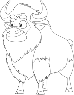 Ayrıntılı çizgilerde stilize edilmiş bir hayvan, muhtemelen bir öküz ya da bizon, öne çıkan boynuzları ve tüylü tüyleri var. Çizgi film tasarımı, ana hatları vurgulayan düz bir siyah arkaplan üzerine kuruludur..