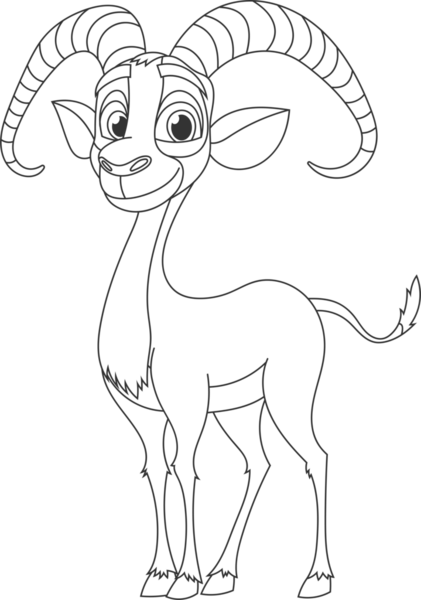 Bu karikatür görüntüsünde büyük, kıvrık boynuzları olan neşeli bir dağ keçisi var. Hayvan basit bir stille tasarlandı ve özeti temiz ve kalın siyah beyaz sunuldu..