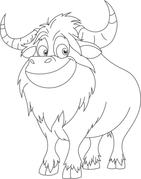 Bu siyah-beyaz çizgi filmde neşeli bir boğa, belirgin bir gülümsemesi ve büyük, kıvrımlı boynuzları var. Boğa dik duruyor, neşeli ve cana yakın bir tavır sergiliyor..