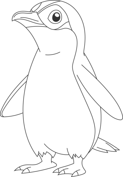 Bu resim bir penguen karikatürü tasviri. Penguenin düzgün bir vücudu ve odaklanmış bir bakışla dik duran kısa yüzgeçleri vardır. Siyah-beyaz çizimi çok basit..