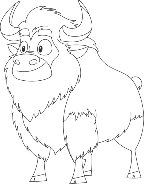 Ayrıntılı çizgilerde stilize edilmiş bir hayvan, muhtemelen bir öküz ya da bizon, öne çıkan boynuzları ve tüylü tüyleri var. Çizgi film tasarımı, ana hatları vurgulayan düz bir siyah arkaplan üzerine kuruludur..