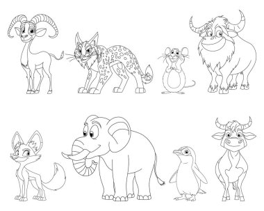 Bir dağ keçisi, bir vaşak, bir fare, bir su bufalosu, bir tilki, bir fil, bir penguen ve bir inek de dahil olmak üzere çeşitli hayvan türlerinin çizgi film tarzı bileşimi. Her biri basitleştirilmiş ve özetlenmiş..