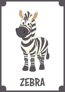 Çizgi film tarzı bir zebra, dekoratif bir sınır içinde çerçevelenmiş beyaz bir arkaplana gülümsüyor. Sanat tarzı, parlak renkleri ve basit tasarımıyla çocukluk resimlerini çağrıştırıyor..