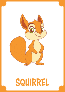 Yumuşak turuncu kuyruklu, yeşil gözlü, temiz beyaz bir zemin üzerinde duran dost canlısı bir sincabın çizimi. Görüntü kalın, turuncu bir kenarlıkla çerçevelenmiş..