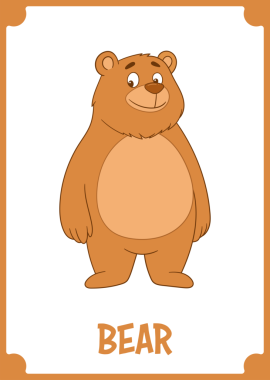 Resim, kahverengi bir ayının büyüleyici bir karikatür tasvirini gösteriyor. Ayı dik duruyor ve onun yüz ifadesi arkadaşça yayılıyor. Arkaplan beyaz, turuncu bir kenar çerçeveli..