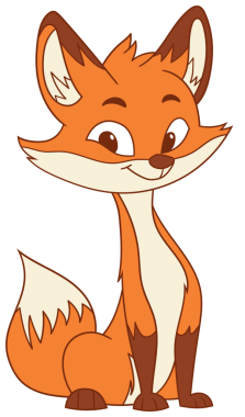 Bir çizgi film çizimi sevimli bir sırıtışla oturan neşeli bir tilkiyi tasvir eder. Tilkinin parlak turuncu kürkü, krem renkli göğsü ve kuyruk ucu vardır. Arkaplan siyah.