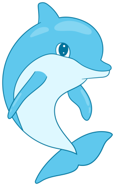 Çizgi filmlerde açık mavi yunus, beyaz göbek, yüzgeç ve kuyruk gösterilir. Hayvan, düz bir arkaplana karşı mutlu bir yüz ifadesiyle yüzerken resmedilir. Tarzı basit ve sevimli..