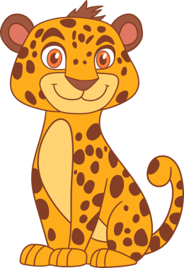 Dost canlısı bir çizgi film çitası kuyruğu kıvrılmış, sıcak bir renk paleti ile oturuyor. Çitanın parlak gözleri ve neşeli ifadesi bunu çocukların memnuniyeti için cazip kılıyor..