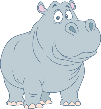 Büyük, anlamlı gözleri ve açık gri bir teni olan dost canlısı bir çizgi film hipopotamı zıt siyah bir arkaplanda duruyor. Su aygırının tasarımı basit, sevimli ve çekicidir. Büyük kafası ve küçük bacakları..