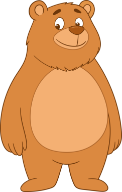 Canlandırılmış, açık kahverengi bir ayı siyah arka planda duruyor. Açık bir göbeği, oval bir burnu, yuvarlak gözleri ve ince bir gülümsemesi vardır. Genel estetik, karikatür gibi ve davetkar..