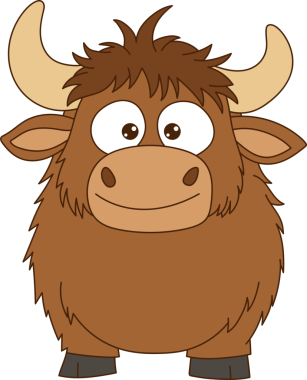 Bir illüstrasyonda tüylü kahverengi kürklü ve büyük çizgi film gözlü bir öküz görülüyor. Hayvanın kıvrımlı boynuzları, büyük bir ağızlık ve siyah bir zemin üzerine kurulmuş neşeli bir ifadesi var..