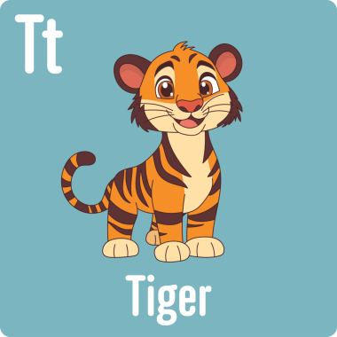 Mavi arka planda turuncu ve kahverengi çizgileri olan gülümseyen bir kaplan çizgi filmi. Görüntü bir 'T' ve 'Tiger' kelimesinin yanında. Bu resim alfabe öğretme kaynakları için uygundur.