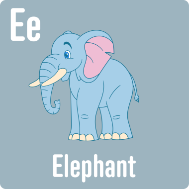 Bu resim, büyük bir E harfinin yanında mavi bir filin karikatür çizimini içeriyor. Çocukların dikkatini çekmek için gri zemindeki pastel renkleri kullanarak eğitici amaçlar için tasarlanmış..