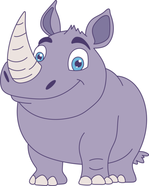 Bir çizgi film tarzı gergedan açık morla tasvir edilir. Küçük bir gülümseme ve parlak mavi gözlerle siyah bir arka planda duruyor. Karakterin beyaz parmakları ve belirgin bir boynuzu var..