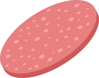 Bir illüstrasyonda siyah arka planda tek bir dilim salam yer alır. Salam, yuvarlak beyaz küreleri ile pembedir. Sandviç ya da şarküteri için yapılmış olabilir..