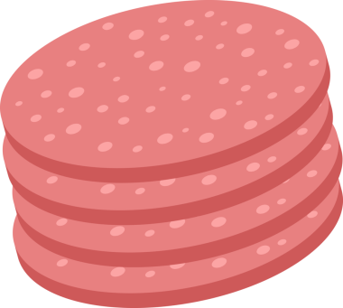 Bir yığın dairesel, dilimlenmiş et, pembe renkli. Sanki bir aperatifte yenmeye ya da meze olarak servis edilmeye hazırmış gibi sergileniyorlar. İşlenmiş etin dokusu iyi gösteriliyor..