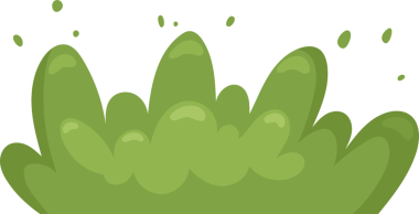 Çeşitli boyutlarda yuvarlak şekillerden oluşan yeşil çalısı benzeri bir oluşumun çizgi film görüntüsü doğal bir element olduğunu gösteriyor. Karanlık şekiller arkaplanı doldurur, sahne içinde derinlik ve kontrastlık hissi yaratır..