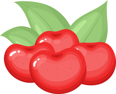 Bu, parlak yeşil yapraklarla süslenmiş dört kırmızı kirazın çizgi film tarzı bir çizimi. Kirazlar parlak ve küçük noktalarla desenli, resme derinlik katıyor. Kompozisyon basit ve çekici..