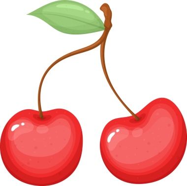 Bir yaprak ve saplarıyla birbirine bağlı iki kiraz ağacı. Kirazlar parlak kırmızı ve küçük beyaz renklere sahiptir. Yeşil bir yaprak bir sapın üstüne bağlanır. Arka plan simsiyah..