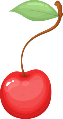 Bir çizgi film çizimi, parlak bir parıltıyla olgun, kırmızı bir kirazı tasvir eder. Kahverengi bir sapı ve tek bir yeşil yaprağı vardır. Ayarlar, kirazın parlak renklerini ve basit tasarımını vurgulayan sade bir siyah arkaplan..