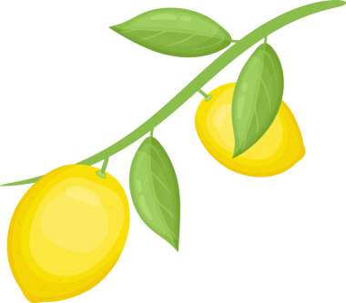 Çizgi film stili bir illüstrasyonda iki olgun, sarı limon ve yemyeşil yapraklarla dolu canlı bir limon dalı gösteriliyor. Neşeli resim vurgu ve karşıtlık için siyah bir arkaplan karşısında ayarlanır.