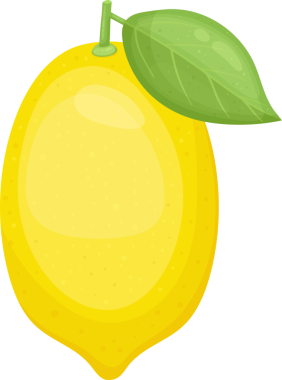 Üzerinde yeşil bir yaprak olan parlak sarı bir limonun çizgi film çizimi. Pürüzsüz, balmumu görünümlü ve tek bir meyveyi koyu siyah arka planda, iyi aydınlatılmış..