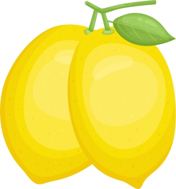 Bu resimde iki olgun limon ve yeşil bir yaprak var. Basit, çizgi film tarzında tasvir edilir, pürüzsüz sarı derileri ve davetkar dokuları vurgulanır. Kompozisyon, limonların taze, narin cazibesini vurguluyor..