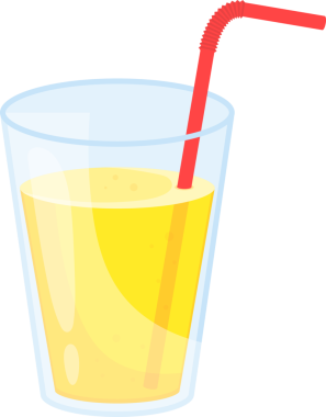 Parlak kırmızı bir pipetle tamamlanmış, muhtemelen meyve suyu ve sarı sıvıyla dolu bir bardağın canlı bir çizimi. Resmin temiz, çizgi film gibi bir tarzı var. Minimalist bir geçmişi var. İçkiye odaklanıyor..