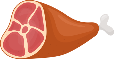 Bu pişmiş jambonun çizgi film çizimi. Jambonun dışarı fırlamış bir kemiği, kalın bir yağ tabakası ve dışı da bir deri tabakası var. Kesik yüz pembe eti gösteriyor..