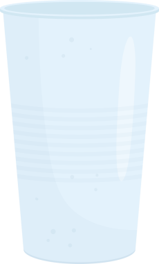 Bir vektör çizimi şeffaf, boş bir plastik bardak sunar. Bardağın üst kısmında geniş bir açıklık var ve biraz konik. Fincandan birçok yerde ışık yansıyor. Arkaplan siyah.