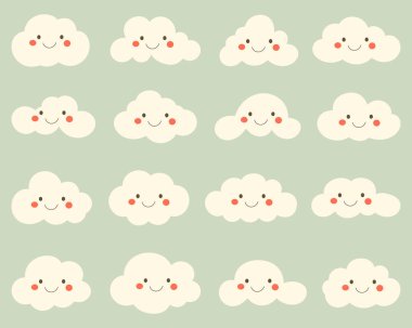 Her biri küçük, pembe yanaklı gülen bir yüze sahip karikatür bulutlarının tekrarlanan bir deseni. Bulutlar yumuşak, soluk-beyaz renktedir. Yumuşak, açık yeşil bir zemin üzerine kurulmuşlardır. Sakinleştirici ve tuhaf bir tasarım yaratırlar..