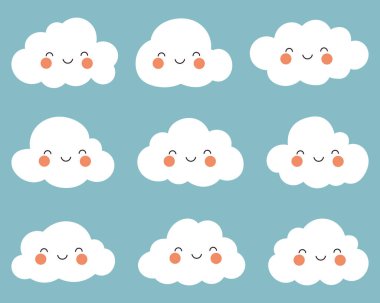 Açık mavi arkaplan üzerine dizilmiş dokuz çizgi filmden oluşan bir bulut koleksiyonu. Her bulut nazik bir kıvrımla beyaz bir gülümseme ve yuvarlak, şeftali gibi yanaklar, tuhaf ve neşeli bir titreşim sunuyor..