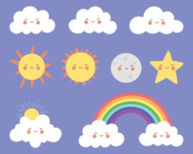 Sağlam bir menekşe arkaplan üzerine kurulmuş büyüleyici gökyüzü elemanları. Gülen bulutlar, güneşler, bir ay, bir yıldız ve bir gökkuşağı içerir. Her yaş için neşeli ve davetkar bir illüstrasyon.