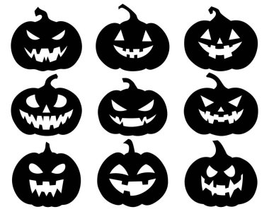 Beyaz arkaplana oyulmuş dokuz balkabağı illüstrasyonu yerleştirildi. Bu siyah siluetler çeşitli yüzleri tasvir ediyor. Cadılar Bayramı ruhunu ve bayram kutlamalarını yakalamak için mükemmel..